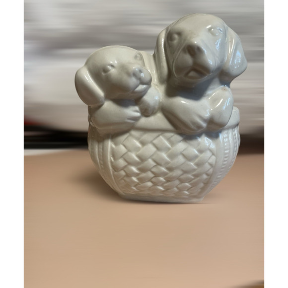 White Ceramic Basket w/ Puppies Dog Planter Succulents Candy Bowl Sponge Holder - Picture 2 of 9